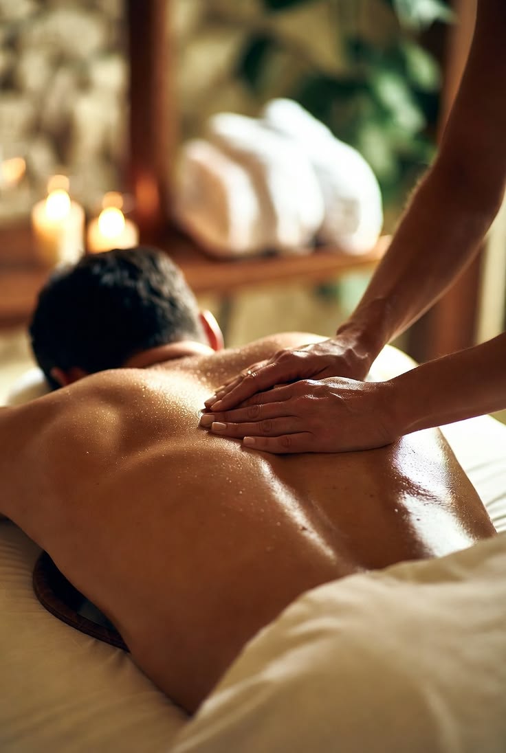 Massagem terapêutica, mãos sobre as costas